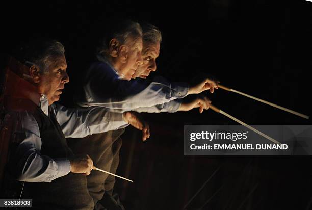 In this multiple exposure image, renowned maestro Daniel Barenboim conducts Richard Wagner's "Tristan und Isolde" during a dress rehearsal at New...