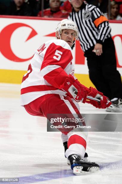 Nicklas Lidstrom of the Detroit Red Wings skates against the Calgary Flames on November 22, 2008 at Pengrowth Saddledome in Calgary, Alberta, Canada.