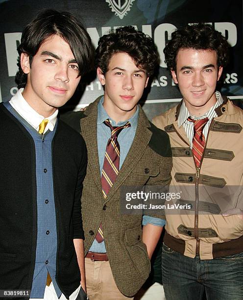 Joe Jonas, Nick Jonas and Kevin Jonas of The Jonas Brothers attend "Burning Up: On Tour With The Jonas Brothers" book launch party at Sunset Towers...