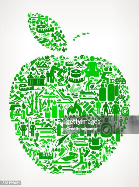 ilustraciones, imágenes clip art, dibujos animados e iconos de stock de icono de bienestar y salud de apple establecen patrón de fondo - apple pie