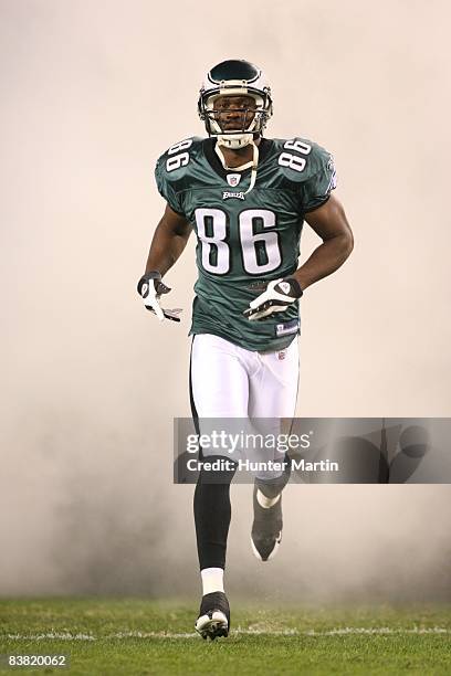 Wide receiver Reggie Brown of the Philadelphia Eagles runs onto the field during player introductions before a game against the New York Giants on...