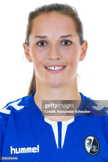 Laura Benkarth of SC Freiburg poses during the Allianz Frauen Bundesliga Club Tour at Elbigenalp on August 21, 2017 in Elbigenalp, Austria.