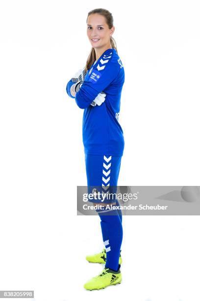 Laura Benkarth of SC Freiburg poses during the Allianz Frauen Bundesliga Club Tour at Elbigenalp on August 21, 2017 in Elbigenalp, Austria.