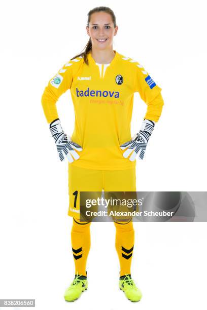 Laura Benkarth of SC Freiburg poses during the Allianz Frauen Bundesliga Club Tour at Elbigenalp on August 21, 2017 in Elbigenalp, Austria.