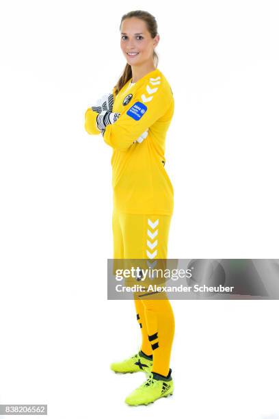 Laura Benkarth of SC Freiburg poses during the Allianz Frauen Bundesliga Club Tour at Elbigenalp on August 21, 2017 in Elbigenalp, Austria.