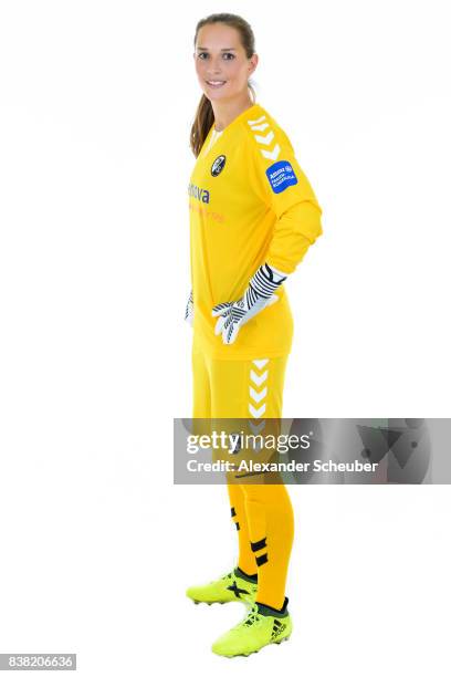 Laura Benkarth of SC Freiburg poses during the Allianz Frauen Bundesliga Club Tour at Elbigenalp on August 21, 2017 in Elbigenalp, Austria.