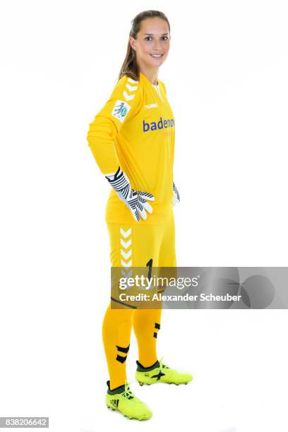 Laura Benkarth of SC Freiburg poses during the Allianz Frauen Bundesliga Club Tour at Elbigenalp on August 21, 2017 in Elbigenalp, Austria.