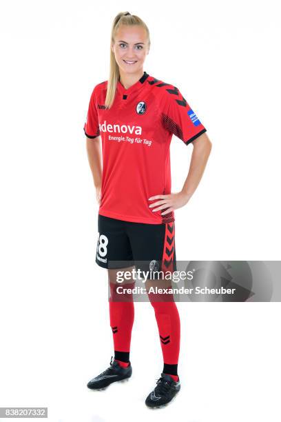 Sarah Puntigam of SC Freiburg poses during the Allianz Frauen Bundesliga Club Tour at Elbigenalp on August 21, 2017 in Elbigenalp, Austria.