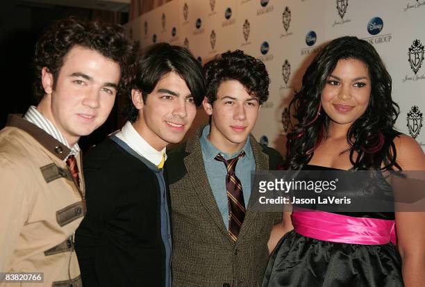 Kevin Jonas, Joe Jonas, Nick Jonas and Jordin Sparks attend "Burning Up: On Tour With The Jonas Brothers" book launch party at Sunset Towers on...