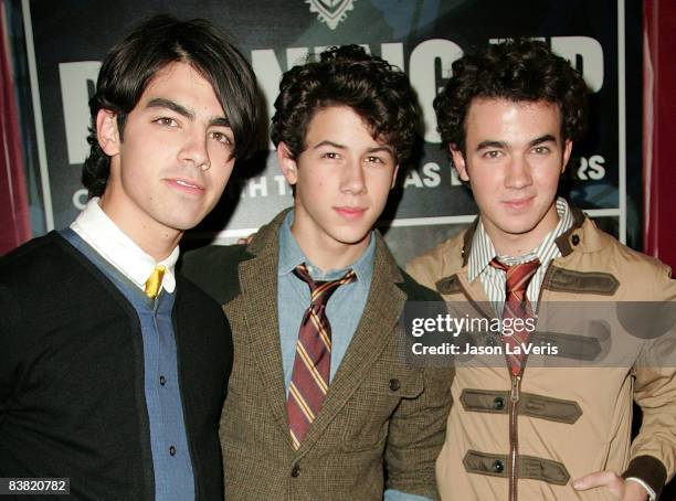 Joe Jonas, Nick Jonas and Kevin Jonas of The Jonas Brothers attend "Burning Up: On Tour With The Jonas Brothers" book launch party at Sunset Towers...