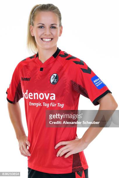 Lena Petermann of SC Freiburg poses during the Allianz Frauen Bundesliga Club Tour at Elbigenalp on August 21, 2017 in Elbigenalp, Austria.
