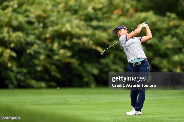 Eri Okayama of Japan hits her second shot on the 10th hole during the first round of the Nitori Ladies 2017 at the Otaru Country Club on August 24,...