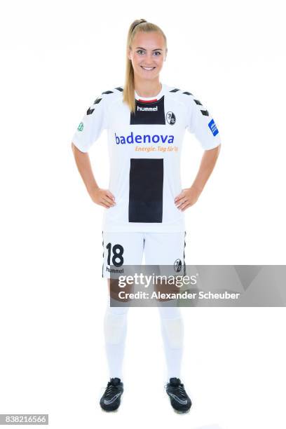 Sarah Puntigam of SC Freiburg poses during the Allianz Frauen Bundesliga Club Tour at Elbigenalp on August 21, 2017 in Elbigenalp, Austria.