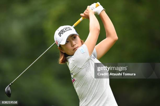 Erina Hara of Japan hits her tee shot on the 2nd hole during the first round of the Nitori Ladies 2017 at the Otaru Country Club on August 24, 2017...