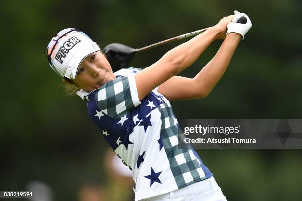 Asako Fujimoto of Japan hits her tee shot on the 2nd hole during the first round of the Nitori Ladies 2017 at the Otaru Country Club on August 24,...