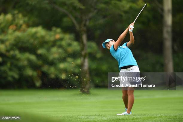 Saki Nagamine of Japan hits her second shot on the 10th hole during the first round of the Nitori Ladies 2017 at the Otaru Country Club on August 24,...