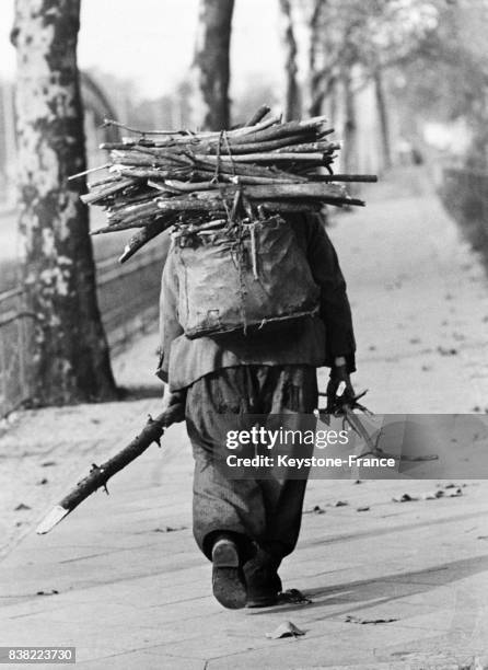 Un homme porte du bois sur son dos qu'il a ramassé dans la forêt pour le chauffage de son foyer, en France le 29 octobre 1954.