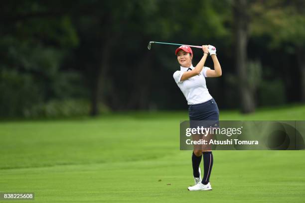 Shin-Ae Ahn of South Korea hits her second shot on the 3rd hole during the first round of the Nitori Ladies 2017 at the Otaru Country Club on August...