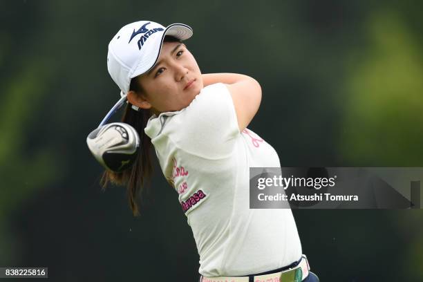 Hikaru Yoshimoto of Japan hits her tee shot on the 15th hole during the first round of the Nitori Ladies 2017 at the Otaru Country Club on August 24,...