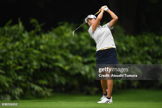 Erina Hara of Japan hits her tee shot on the 4th hole during the first round of the Nitori Ladies 2017 at the Otaru Country Club on August 24, 2017...