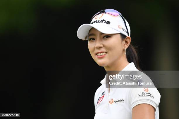 Chae-Young Yoon of South Korea smiles during the first round of the Nitori Ladies 2017 at the Otaru Country Club on August 24, 2017 in Otaru,...