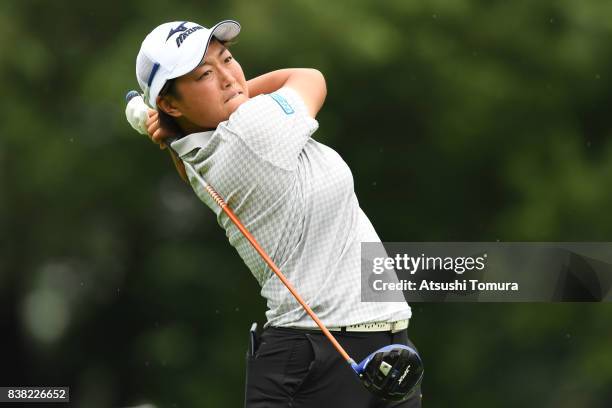 Haruka Kudo of Japan hits her tee shot on the 3rd hole during the first round of the Nitori Ladies 2017 at the Otaru Country Club on August 24, 2017...