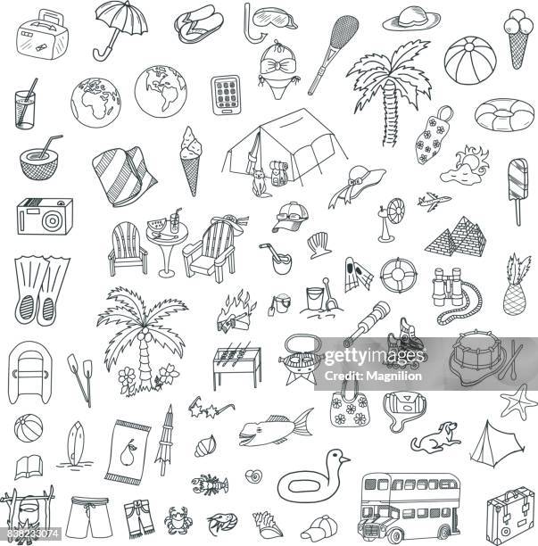 ilustraciones, imágenes clip art, dibujos animados e iconos de stock de viajes y mar conjunto de garabatos - cinturón salvavidas
