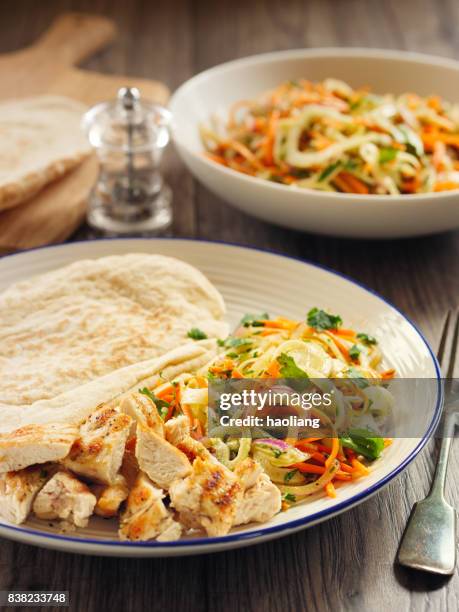 healthy fennel slaw with grilled chicken breast and pita bread - coleslaw stock pictures, royalty-free photos & images