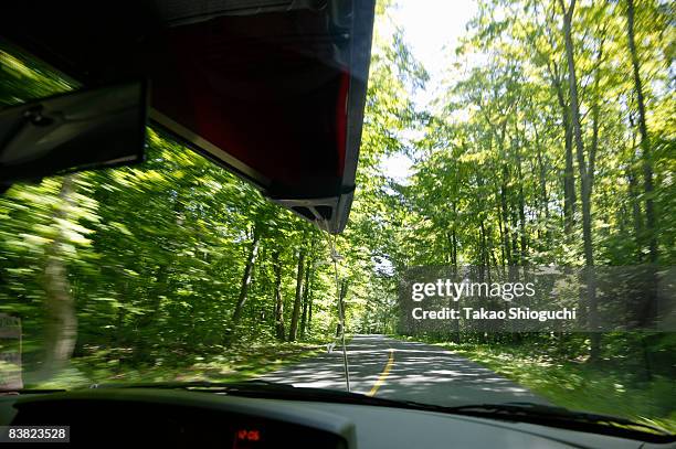 canoe on the roof of a car - killbear provincial park stockfoto's en -beelden