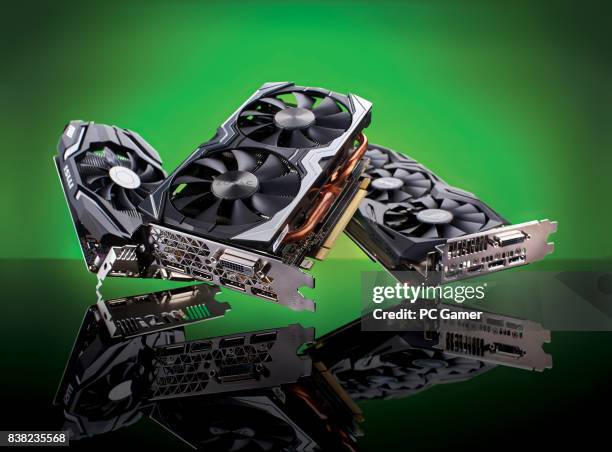 Group of graphics cards, including an MSI GeForce GTX 1050 OC 2GB, Zotac GeForce GTX 1060 AMP Edition 4GB and an Asus GeForce GTX 1070 Strix OC...