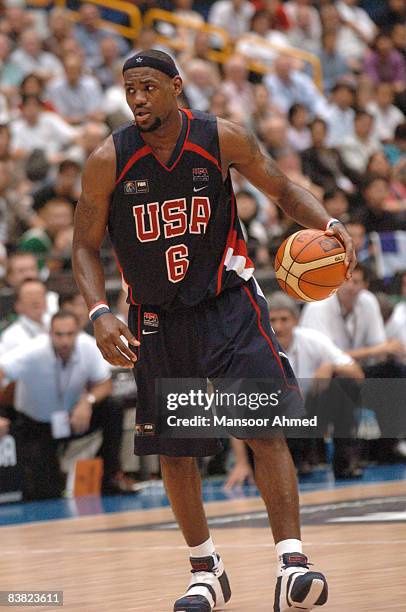 Lebron James of team USA controls the basketball during the FIBA World Championship 2006 Semi Final at the Saitama Super Arena, Tokyo, Japan, Friday...