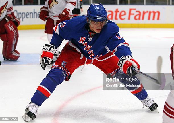 Nikolai Zherdev of the New York Rangers skates against the Phoenix Coyotes on November 24, 2008 at Madison Square Garden in New York City.