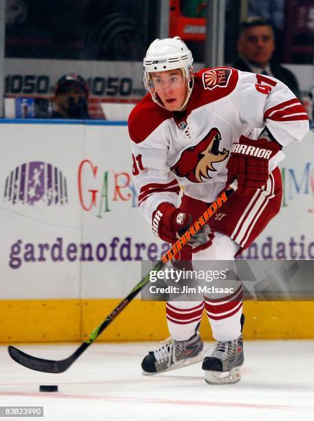 Kyle Turris of the Phoenix Coyotes skates against the New York Rangers on November 24, 2008 at Madison Square Garden in New York City. The Rangers...