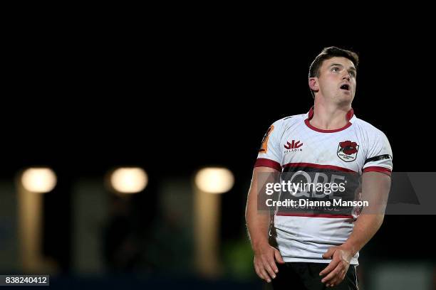 Bryn Gatland of North Harbour watches after kicking for a conversion during the Mitre 10 Cup match between Southland and North Harbour at Rugby Park...