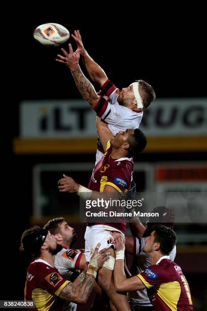 Jarred Hoeata of North Harbour secures the line-out ball during the Mitre 10 Cup match between Southland and North Harbour at Rugby Park Stadium on...