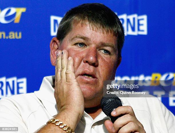 John Daly of the United States of America speaks to the media at a press conference ahead of the Australian Masters at Huntingdale Golf Club on...