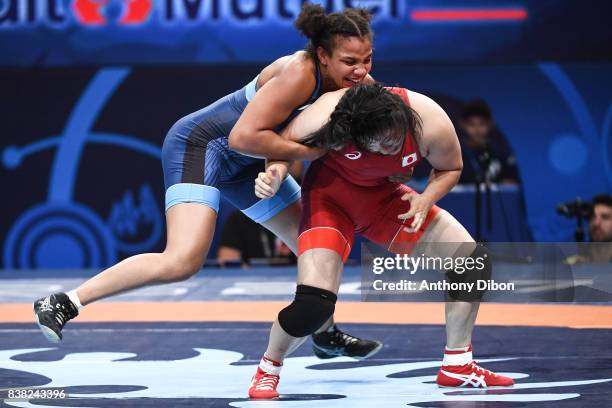 Koumba Larroque and Sara Dosho 69kg during the female wrestling competition during the Paris 2017 Women's World Championships at AccorHotels Arena on...