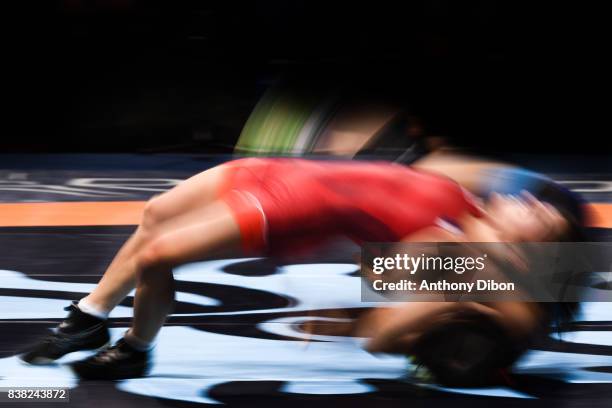 Yui Susaki and Julie Sabatie during the female wrestling 48kg competition during the Paris 2017 Women's World Championships at AccorHotels Arena on...