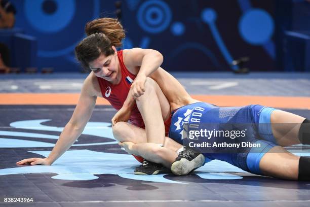 Linda Morais and Aurelie Basset during the female wrestling 60 kg competition during the Paris 2017 Women's World Championships at AccorHotels Arena...