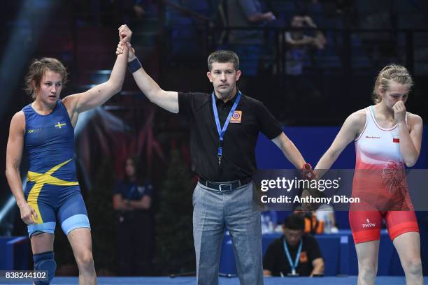 Johanna Mattsson and Katarzyna Madrowska during the female wrestling 60KG competition during the Paris 2017 Women's World Championships at...