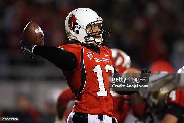 Nate Davis of the Ball State Cardinals throws a pass during the Mid-American Conference game against the Western Michigan Broncos at Scheumann...