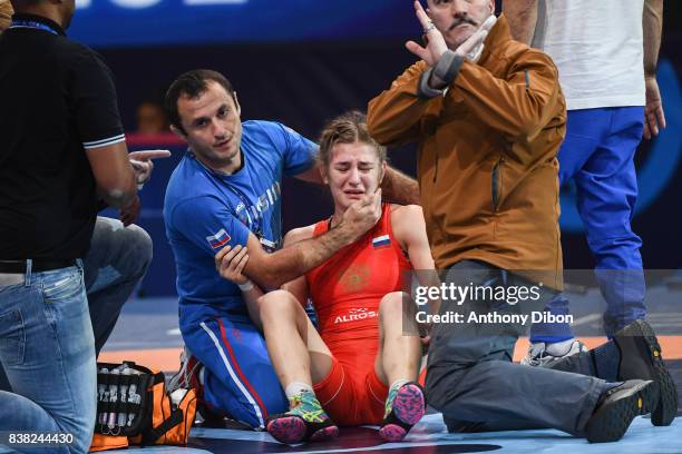 Liubov Ovcharova injured during the female wrestling 60kg competition during the Paris 2017 Women's World Championships at AccorHotels Arena on...