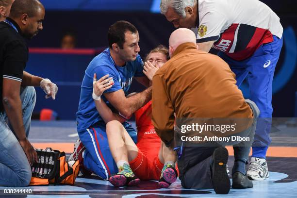 Liubov Ovcharova injured during the female wrestling 60kg competition during the Paris 2017 Women's World Championships at AccorHotels Arena on...