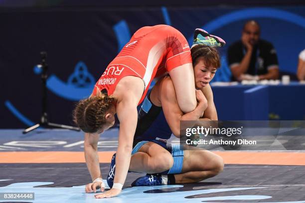 Liubov Ovcharova and Kawai Risako during the female wrestling 60kg competition during the Paris 2017 Women's World Championships at AccorHotels Arena...