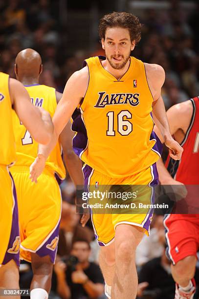 Pau Gasol of the Los Angeles Lakers runs up the court during the game against the New Jersey Nets at Staples Center November 25, 2008 in Los Angeles,...