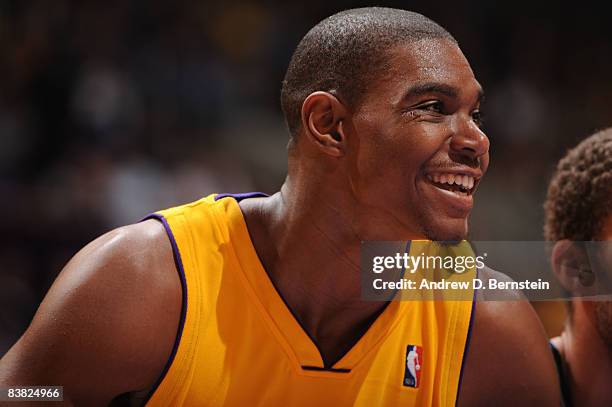 Andrew Bynum of the Los Angeles Lakers smiles during the game against the New Jersey Nets at Staples Center on November 25, 2008 in Los Angeles,...