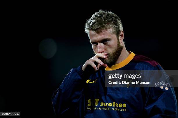 James Schrader of Southland warms up ahead of the Mitre 10 Cup match between Southland and North Harbour at Rugby Park Stadium on August 24, 2017 in...