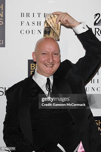 Stephen Jones poses at the winners boards at the British Fashion Awards 2008 November 25, 2008 in London, England.