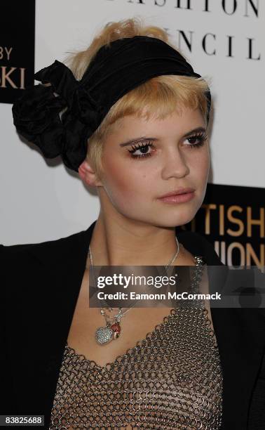 Socialite Pixie Geldof arrives at the British Fashion Awards 2008 at the Royal Horticultural Halls November 25, 2008 in London, England.