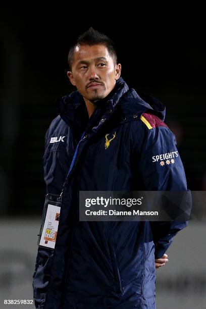 Atsushi Tanabe, assistant coach of Southland, looks on during team warmup ahead of the Mitre 10 Cup match between Southland and North Harbour at...